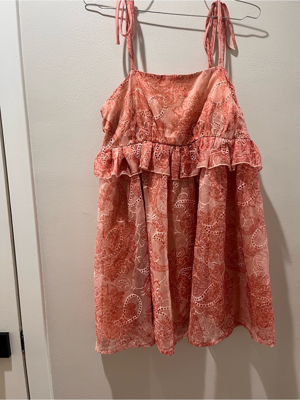 Tie-Shoulder Paisley Mini Dress in Coral Pink